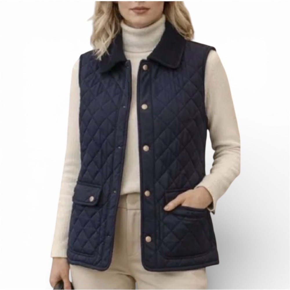 NWT Lauren Ralph Lauren Women's Corduroy-Trim Quilted Vest in Navy - Size L